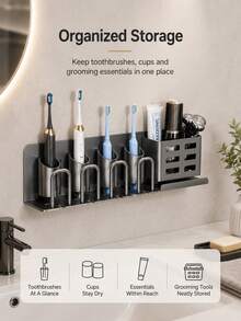 Wall-Mounted Toothbrush Holder | No-Drill Installation | Multi-Color With Storage Slot & Cup | Space-Saving Bathroom Organizer, Suitable For Electric Toothbrushes And Shavers | Modern Design - Multicolor - View 3