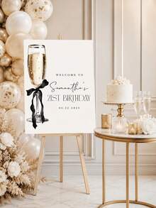 1pc Customizable Champagne-Style Birthday Welcome Sign, Customizable Name And Date, Elegant Black Bow Design, Suitable For 21st/30th/40th Birthday Party Decor, Home Decor, Party Decoration - Multicolor - View 4