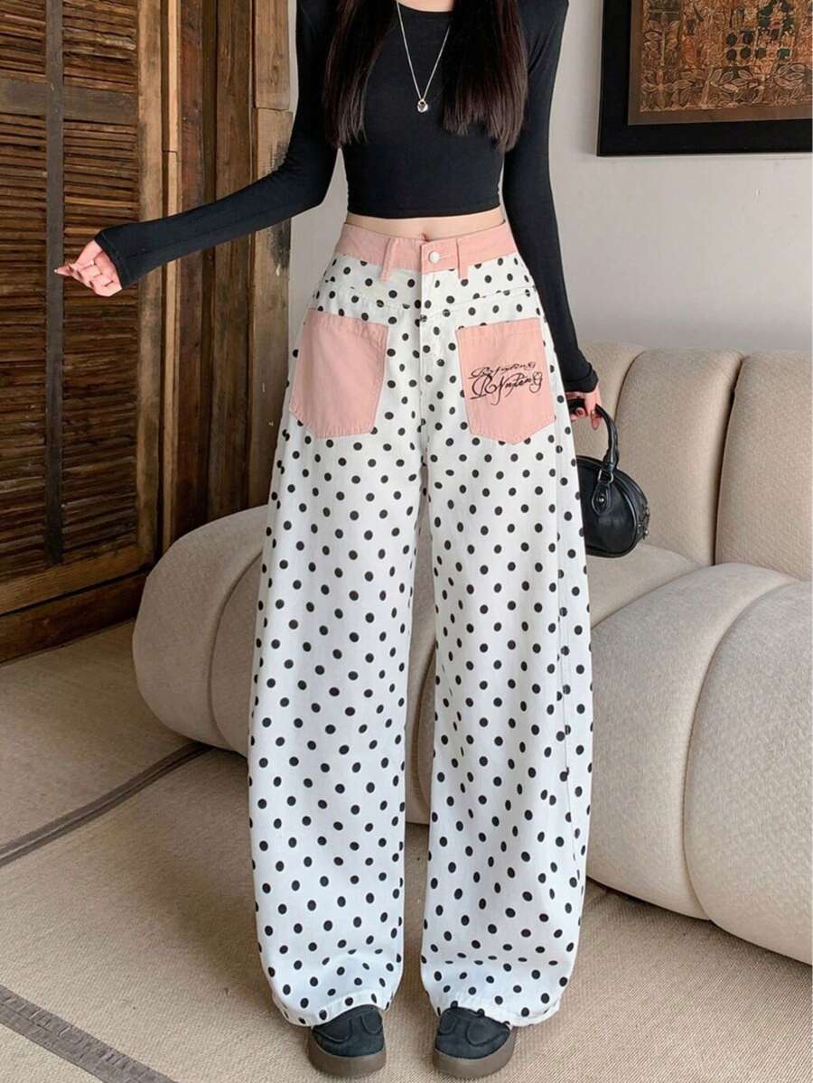 Sweet Cute White Polka Dot Contrast Embroidery Casual Versatile Slimming Curved Leg Wide Leg Jeans - White - View 1