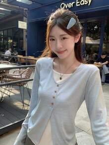 Women's 2 In 1 Patchwork Button Design Long Sleeve T-Shirt, Autumn Base Layer Top - Blue - View 6