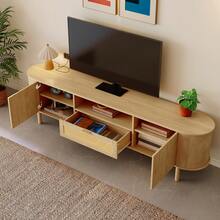 Modern TV Cabinet With Rattan Drawers With Open Compartments, Rounded Table Top, Wood-Effect Metal Legs, Multifunctional Living Room Furniture, 175 X 36 X 51 Cm - Multicolor - View 2