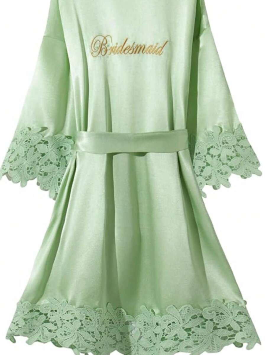 1PC Lace Pattern Bathrobe,Bride & Bridesmaid Gown Initial Letter Robe, Morning Robe,Bridal Party Prep Wear, Wedding Ceremony & Reception Accessories Pajama Ladies Wedding Women's Bride Bridesmaid Silky Robes With Lace Trim Bridal - Green Bridesmaid - View 1