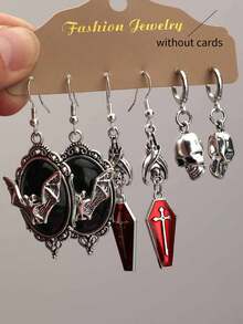 6pcs Vintage Gothic Dark Style Bat, Black Cat, Moon, Star, Skull Cat, Cross, Skull, Coffin Board Black Earrings Hoop Earrings Women Earrings Set (Card Not Included) - Multicolor - View 17