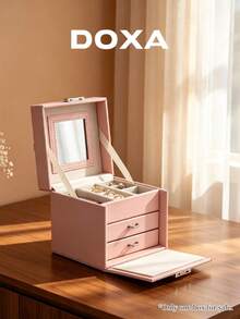 DOXA Pink Mirror Jewelry Box, Multi-Layer Drawer Jewelry Storage Box, Portable Travel Jewelry Organizer With Handle - Pink - View 5