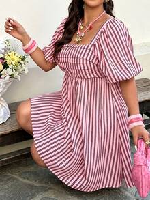 Striped Square Neck Bishop Sleeve A-Line Plus Size Mini Dress, Suitable For Office, Daily Wear, Vacation And Spring/Summer Casual Outings - Multicolor - View 2
