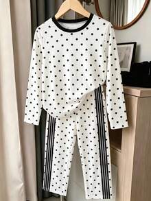 Setelan 2 Potong untuk Remaja Perempuan: Atasan Lengan Panjang Leher Bulat Motif Polkadot dan Celana Panjang Lurus Elastis dengan Garis Samping, Gaya Musim Semi/Gugur - Putih - View 2