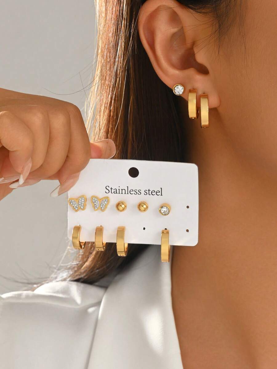 1 Set Minimalist Fashion Stainless Steel Stud & Hoop Earrings Set For Women, Versatile Daily Wear - Multi-color a - View 1