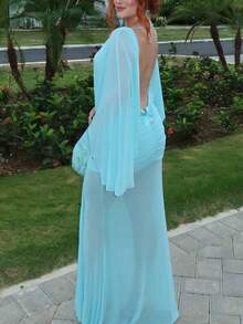 Women's Elegant Sheer Knitted Long Sleeve Dress, Fitted Party Gown With Halter Neckline For Formal Occasions - Blue - View 4