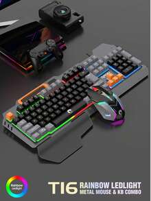RAIKU T16 Metal Gaming Keyboard And Mouse Set, Universal Wired Keyboard With Metal Panel, 104 Keys, Backlit Keyboard With Wrist Rest, 3-Button Backlit Mouse - View 2