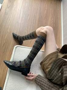 1/2雙美式復古格紋拼接膝上襪，英倫復古學院風，百搭制服與通勤穿搭 - 彩色 - 查看 3