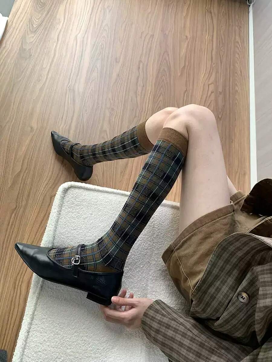 1/2 Pairs American Retro Plaid Colorblock Knee-High Socks, British Vintage Preppy Style, Versatile For Uniform And Commute