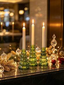 1pc Green Glass Christmas Tree Shaped Conical Candle Holder, Desktop Candle Holder, Christmas Home Desktop Decor, Holiday Party Decoration Ornament - Multicolor - View 3