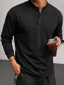 Men's Henley Collar Long Sleeve T-Shirt, Casual Loose Fit, With Button Placket, Daily Basic - Black - View 5