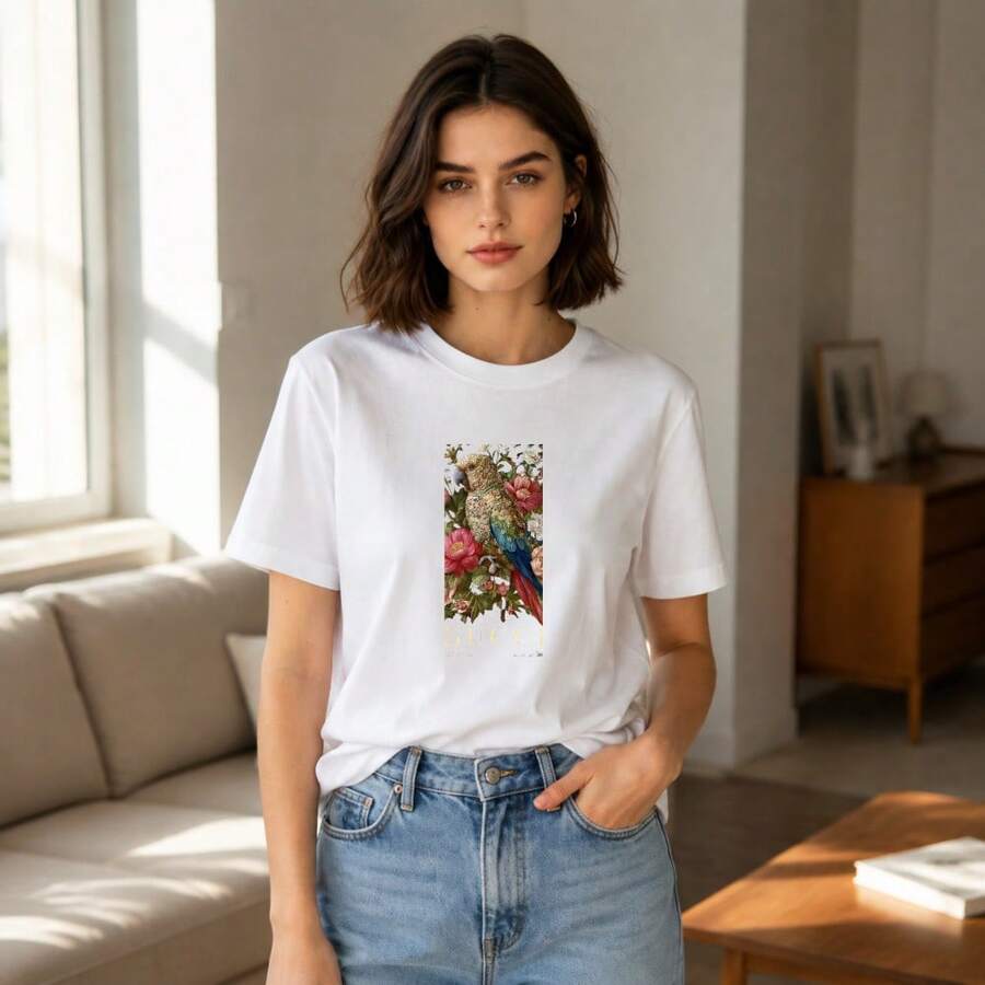 Chic Vintage Luxury Retro Noble Floral Interlock Unisex Unisex Tee Stylish Commute Daily Shirt - 白色 - 查看 1