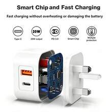 20W Dual-Port Fast-Charging Adapter Featuring Both Type-C And USB Ports, Supporting Simultaneous Fast Charging And High-Power Output. It Comes With A 1m Charging Cable (Available In USB-C To Lightning Or USB-C To Type-C Options) And Is Suitable For Use While Traveling, At The Office, In The Dorm, Or At Home. Available In Black Or White. - UK Plug(220-240V) - View 4