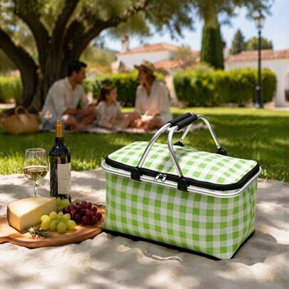 47L Insulated Picnic Basket With Aluminum Handle And Oxford Cloth, Foldable Thermal Cooler Bag For Family Outings, Beach And Shopping, 47x28x23cm