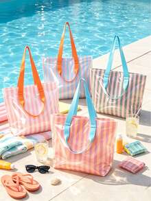Waterproof Striped Beach Tote Bag Clear Transparent PVC Summer Handbag Large Capacity Shoulder Bag Portable Swim Pool Travel Shopping Bag For Vacation - Multicolor - View 2