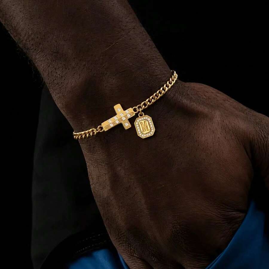 1pc New Initial Cross Stainless Steel Cuban Chain Bracelet For Men - Yellow Gold - View 1