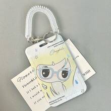 Cute Aesthetic Sticker‑Style Cartoon Character Vertical Card Holder Hard ID Badge Holder With Transparent Spring Coil Wrist Strap Key Ring For School - Multicolor - View 8