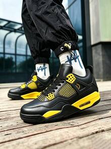 Men Women Couple 90s Retro Basketball Shoes, Mesh Synthetic Leather Upper, Visible Large Air Cushion, Stain Resistant Black Yellow, For Daily Wear, Sports & Gym - 黑色 - 查看 5