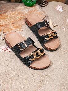 Women's Woven Metal Chain Decor Buckle Strap Open Toe Flat Sandals, Vintage Casual Summer Beach Daily Slippers - Black - View 8