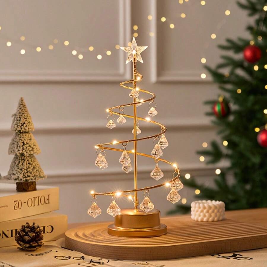 Christmas Tree Copper Wire Night Light, Holiday Gift, Warm White, Crystal Pendant, Fashionable Room Decor Ornament, Atmosphere Night Lamp
