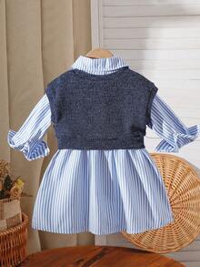 Korean Style Girls Striped Shirt Dress 2-Piece Set, 3D Floral Knit Vest, Baby Spring Autumn Princess Outfit - Blue - View 2