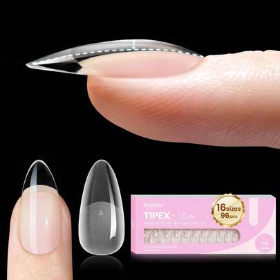 Beetles 96PCS Tipex Lite Pre-Built Apex Nail Tips, Medium Almond, 16 Sizes, Pre-Etched Acrylic Tips For Flat Nails & Natural Nail Beds