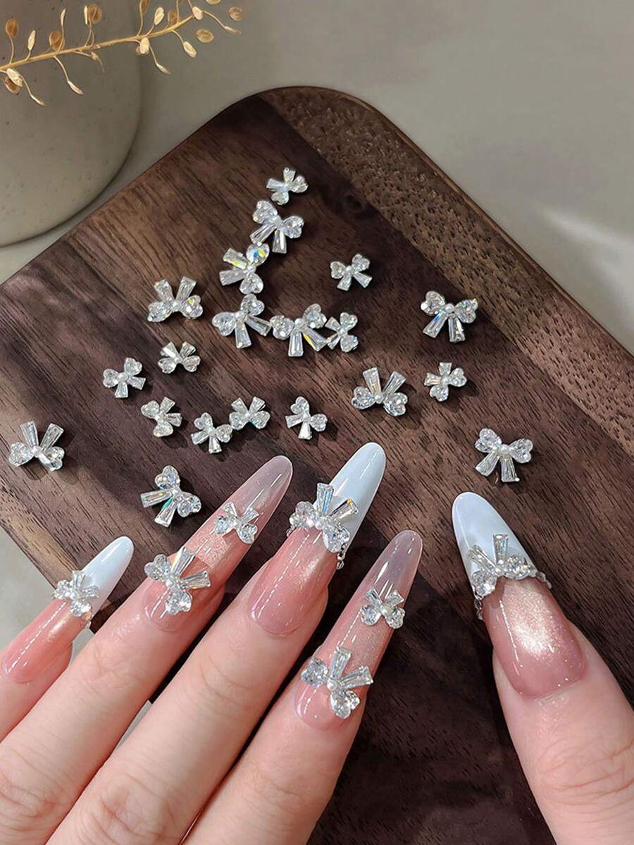 5pcs Flat Bottom Zirconia Ribbon Bow Nail Art Charms, Sparkling Finished Pearl Bowknot DIY Nail Accessories