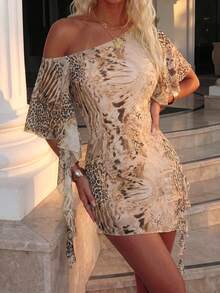 Women's Leopard Print One Shoulder Asymmetric Ruffle Sleeve Ruched Fitted Mini Dress, Summer Autumn Vacation Party Nightclub Outing Outfit - Multicolor - View 7