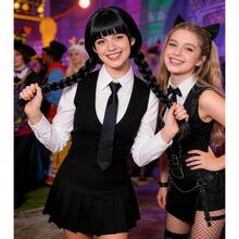 Wig Kepang Hitam Gaya Gothic Wanita dengan Poni – Wig Ekor Kuda Panjang Lurus untuk Kostum Halloween & Pesta - Hitam - View 7
