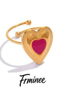 Frminee 1pc 18K Gold Plated Enamel Heart Open Stainless Steel Ring, Red Heart Adjustable Statement Ring, Waterproof Jewelry, Romantic Jewelry For Women - Multicolor - View 6