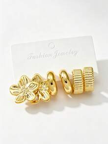 6-18pcs Fashionable Lightweight CCB Earrings Set, Including Teardrop, C-Shaped, Heart, Floral, Textured C-Shaped, Geometric Stud Earrings, Suitable For Women's Dates And Holidays, Exquisite Holiday Gift - Gold - View 8