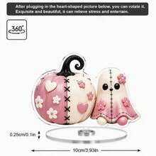 2D Flat 1pc Rotating Acrylic Sign - Pale Pink & White Stitched Pumpkin And Floral Heart Desktop Decor, Soft Tones Suitable For Halloween Tabletop Decoration, Farmhouse Style Shelf Decor, Asymmetrical Shape Gift For Desktop Display, 2D Flat - B - View 3