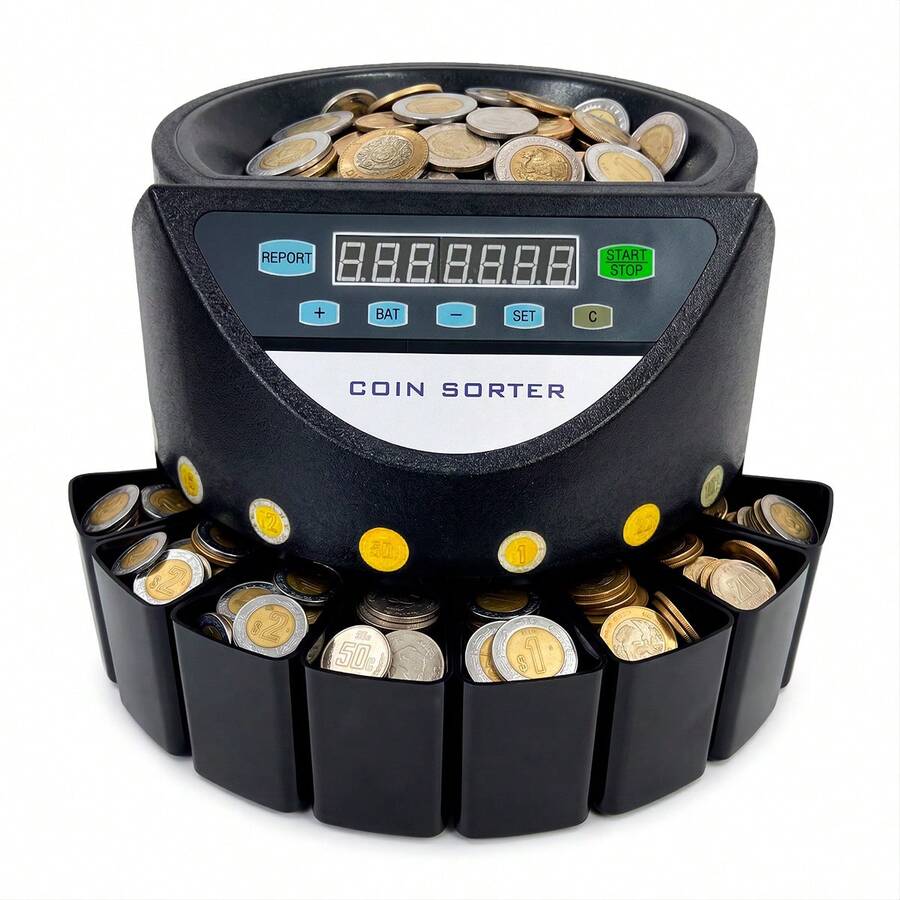 Lincky Contador y Clasificador de Monedas Electrónico Profesional 150 Monedas/Min con Pantalla LED Función de Loteo 1-999 y Tolva de 500 Piezas para Negocios - Tipo de Enchufe A USA (110-127V) - Ver 1