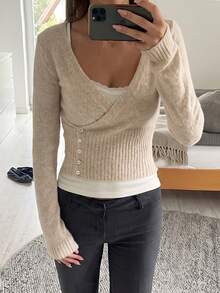 This Fashionable Women's Long Sleeve Cropped Wrap Knit Top Features A V-Neck Design And Is Adorned With Decorative Faux Buttons, Making It Perfect For A Variety Of Styles. - Khaki - View 1