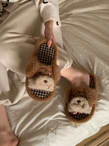 XIXITIAO Cute Plaid Base Dog Slippers, Lightweight Soft‑Soled Home Slippers, Adorable Dog Couple Slippers For Indoor Use - Light Brown - View 4