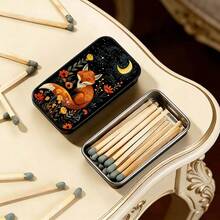 1pc Dreamy Fox And Floral Night Pattern Sliding Lid Storage Box, No Matches Included, Mini Sliding Lid Storage Box, Reusable Storage Box - Rectangle - View 2