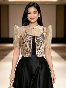現代菲律賓風蝴蝶袖女款春夏蕾絲泡泡短袖短版開襟外套 - 香檳色 - 查看 5