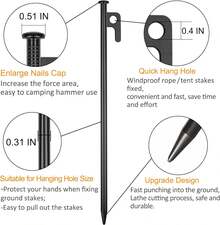 IEMIEBSHA 8 Pack Heavy Duty 12 Inch Steel Tent Stakes For Camping, Unbreakable Metal Tent Pegs With T-Handle & Rope Holes, Rust Resistant Ground Anchors For Canopy Awning Outdoor - Black - View 7
