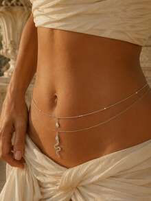 STONEFANS 1pc Women's Silver Double Layer Snake Pendant Waist Chain, Rhinestone Water Drop Belly Chain, Layered Body Jewelry, Suitable For Bikini, Beach Vacation, Music Festival, Party, Nightclub, Holiday Outfit And Y2K Summer Style - Silver - View 2