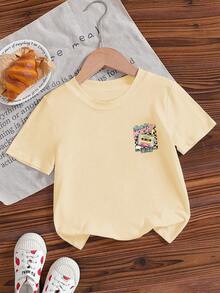 Young Girl Casual Funny Print Round Neck Short Sleeve T-Shirt, Summer Top - Apricot - View 6
