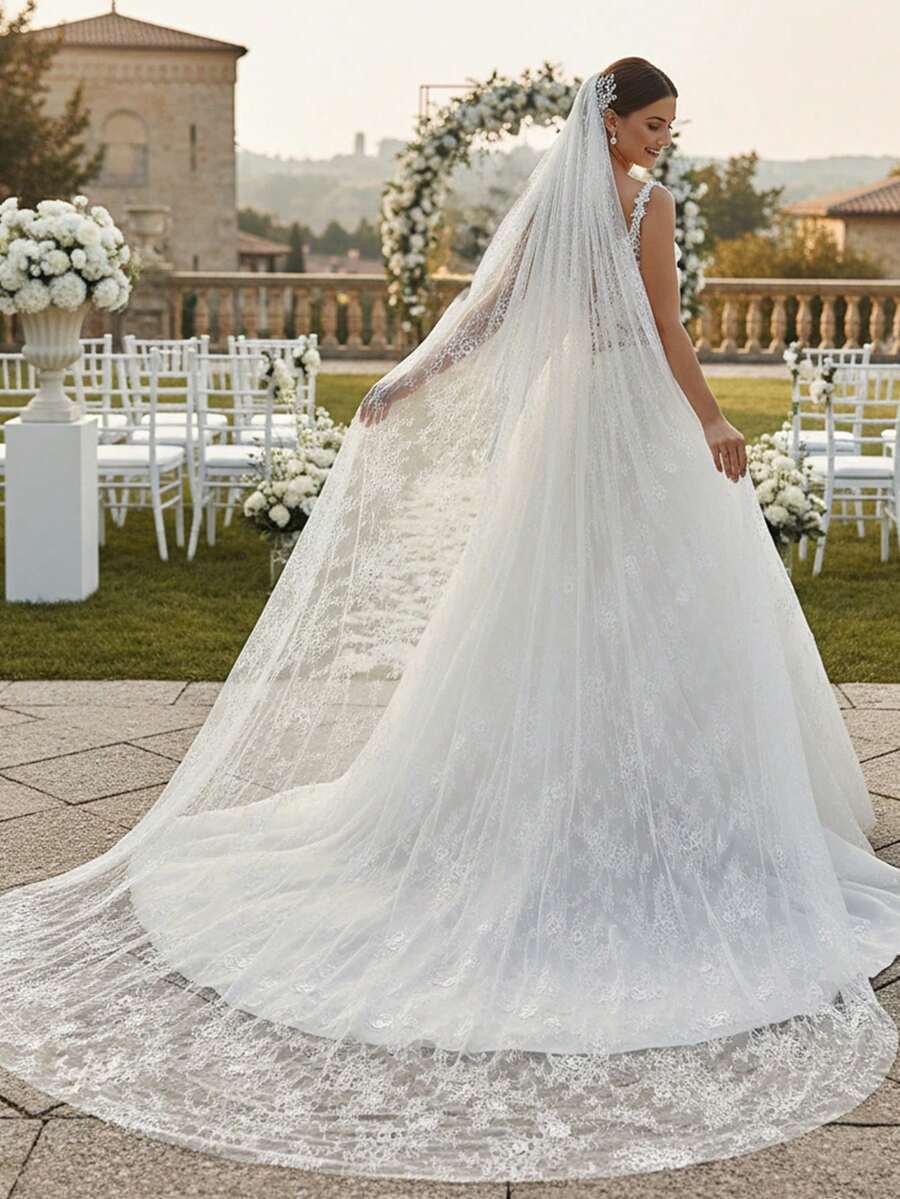 1pc 3 Meters Long Water-Soluble Lace Bridal Veil, Sheer Soft Tulle, Wedding Dress Accessory,Halloween