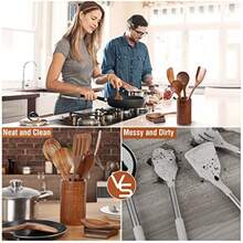 COOKDEVI 12 Piece Wooden Cooking Utensils Wooden Spoons For Cooking, Wooden Utensils For Cooking With Utensils Holder, Natural Teak Wooden Kitchen Utensils Set With Wooden Spoon Rest, Comfort Grip - View 7