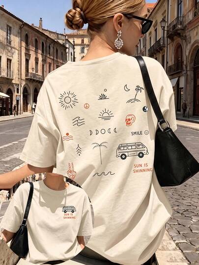 Plus-Size Women's Everyday Simple Abstract Line Sun Round Neck Short Sleeve Casual Spring Summer Autumn Plus Size T-Shirt Top Summer Vacation Wear