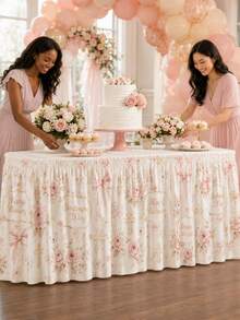 Elegant Baby Baptism Table Skirt, Pink Floral Baptism Party Polyester Tablecloth, Printed With Rose, Cross, Bowknot And Heart Patterns, Luxurious Baby Blessing Decoration, Suitable For Dessert Table And Baptism Celebration - A - View 1