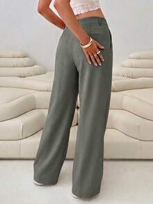 Women's Summer/Autumn Basic Solid Color Drawstring Linen-Style Wide Leg Long Pants, Loose Casual Fit, Suitable For Back To School, Office, Home And Daily Wear - Army Green - View 9