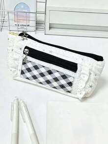 1pc/5pcs Cute Plaid Ruffle Pencil Case, Star Pendant Double Zipper Stationery Storage Bag, Large Capacity Transparent Window Pencil Pouch, Suitable For Back To School, Holiday, Travel, Soft Fabric Portable Makeup Organizer, Student Gift,Back To School - Multiple Styles - View 18
