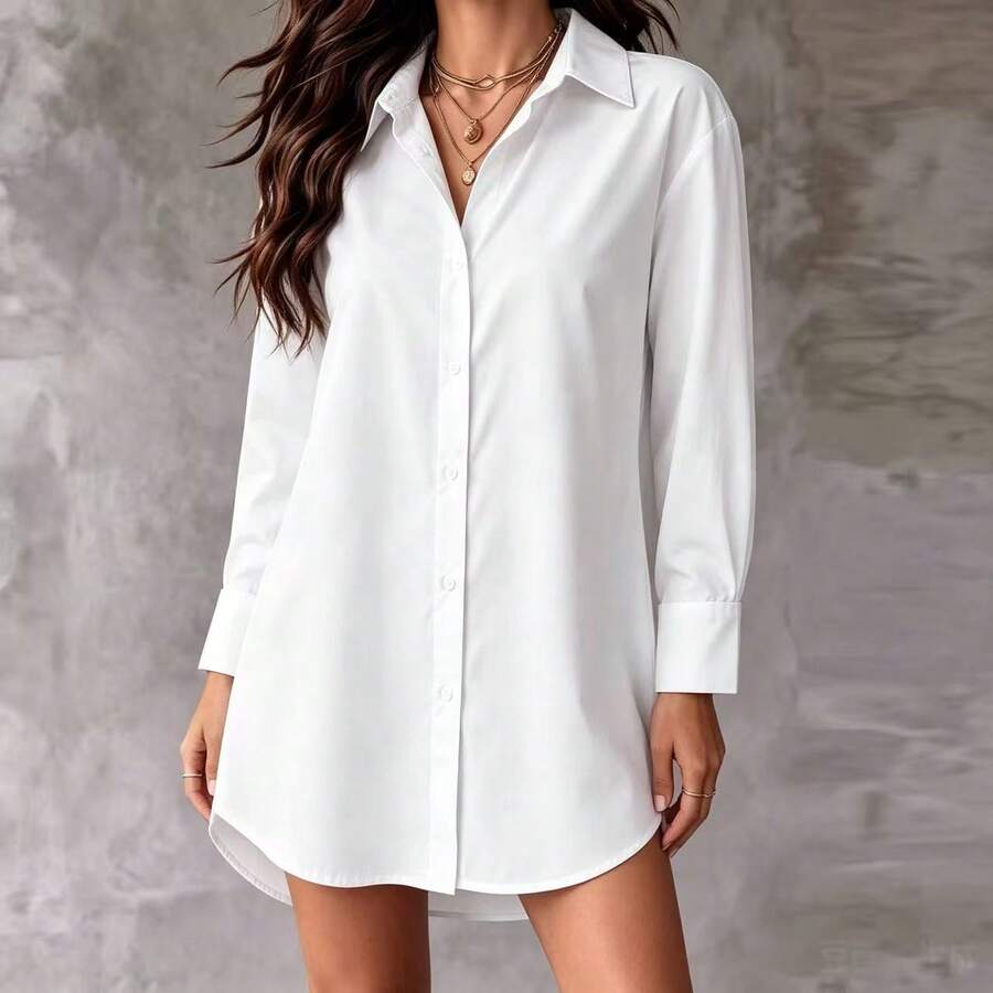 Women's Long Sleeve Polyester Shirt Dress, Collared, Button Front, Curved Hemline With Front Short Back Long, Loose Casual Top, Suitable For Spring And Autumn Streetwear - White - View 1