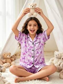两件套少女紫色蝴蝶结短袖短裤睡衣套装 - 彩色 - 查看 4